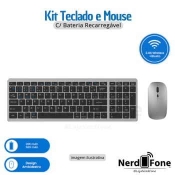 TECLADO E MOUSE WIRELESS RECARREGÁVEL ; BLUETOOTH (BT) + 2.4GHZ KN/KP