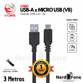 CABO USB-A 2.0 x MICRO USB V8 3M PCYES