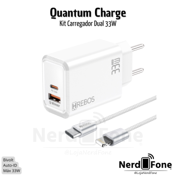 KIT CARREGADOR USB-C + USB-A 33W HREBOS; CABO USB-C x LIGHTNING 1M