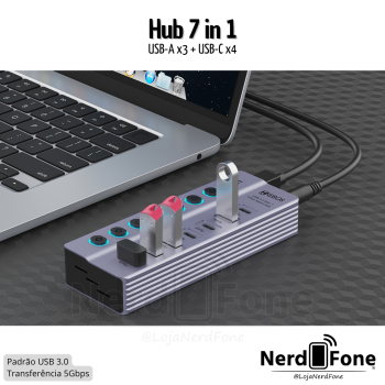 HUB USB 7 EM 1 HREBOS;  3xUSB 3.0 + 4xUSB-C
