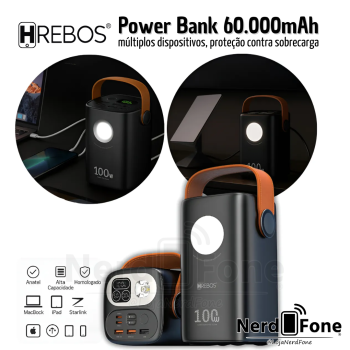 CARREGADOR BATERIA PORTATIL TURBO PD 100W; HREBOS 60.000mAh