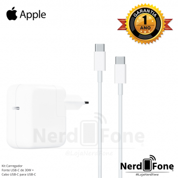KIT CARREGADOR APPLE; FONTE 30W; CABO USB-C x USB-C