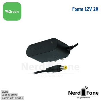 FONTE 12V 2A 5.5x2.1MM / 0.8M GREEN