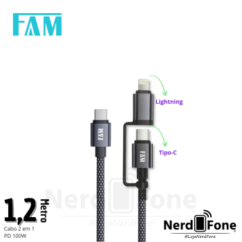 CABO 2 EM 1 USB-C x USB-C + LIGHTNING FAM
