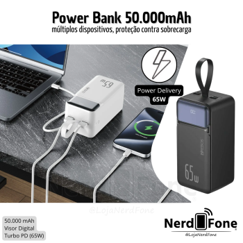 CARREGADOR BATERIA PORTATIL TURBO PD 65W; HREBOS 50.000mAh