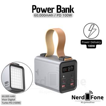 CARREGADOR BATERIA PORTATIL TURBO PD 100W; POWER BANK HR 60.000mAh CINZA
