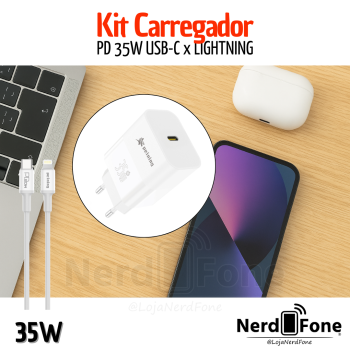 KIT CARREGADOR 35W GaN USB-C PEINING; CABO IPHONE USB-C x LIGHTNING