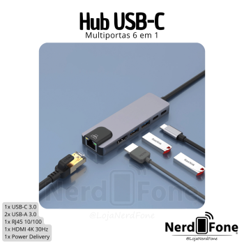 HUB USB-C 6 EM 1 (HDMI/2xUSB-A/RJ45/USB-C/PD)