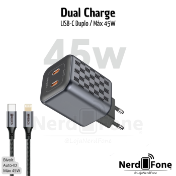 KIT CARREGADOR HR DUAL USB-C MÁX 45W; CABO USB-C x LIGHTNING 1M