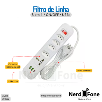 FILTRO DE LINHA 10A BIVOLT 8 EM 1 B-MAX; CABO 2 METROS