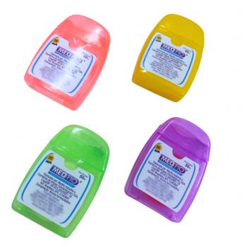 .Fio dental em poliamida cera e aroma com 25m cores sortidas embalado em saquinho plastico