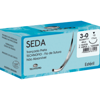 Fio de sutura agulhado seda 3-0 - 1/2circ. - 2,0cm cor preta cx com 24un TECHNOFIO