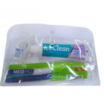 .Kit de saude bucal adulto (escova e fio dental 25m Medfio, creme dental 70g Ice Clean + sacolinha pvc 10x20cm botao)